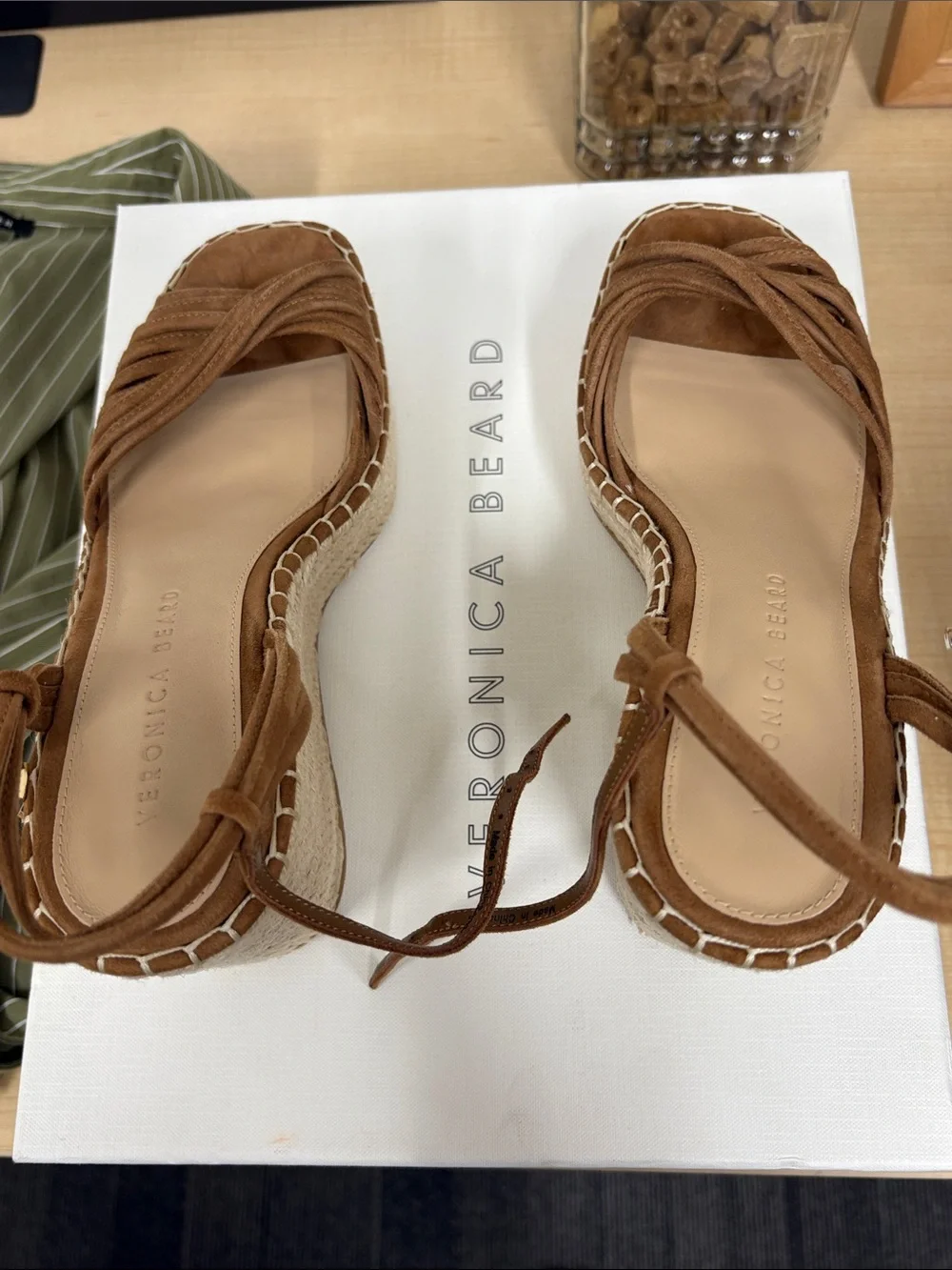 NIB - Veronica Beard Tan Suede Espadrille Wedge Sandals with Lace-Up Ties
